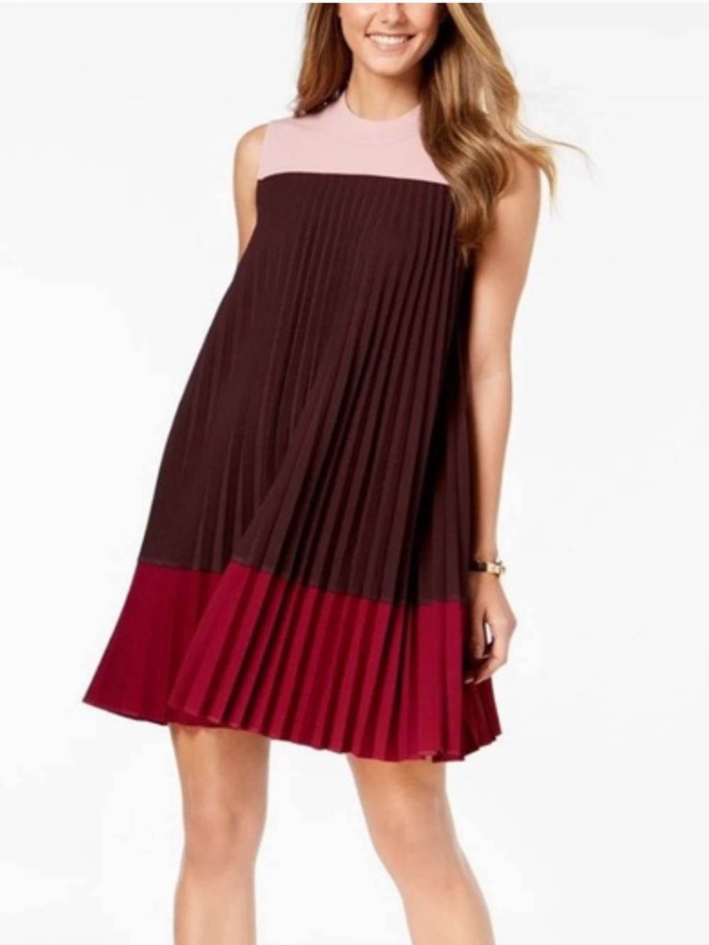 Alfani Sleeveless Pleated Colorblock Mini Swing Dress